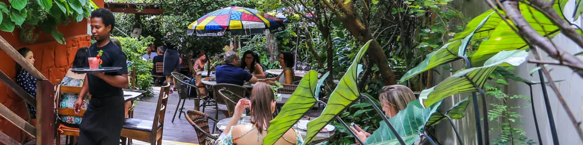 Clientes almoçando no jardim do Quintana, entre plantas e guarda-sóis coloridos